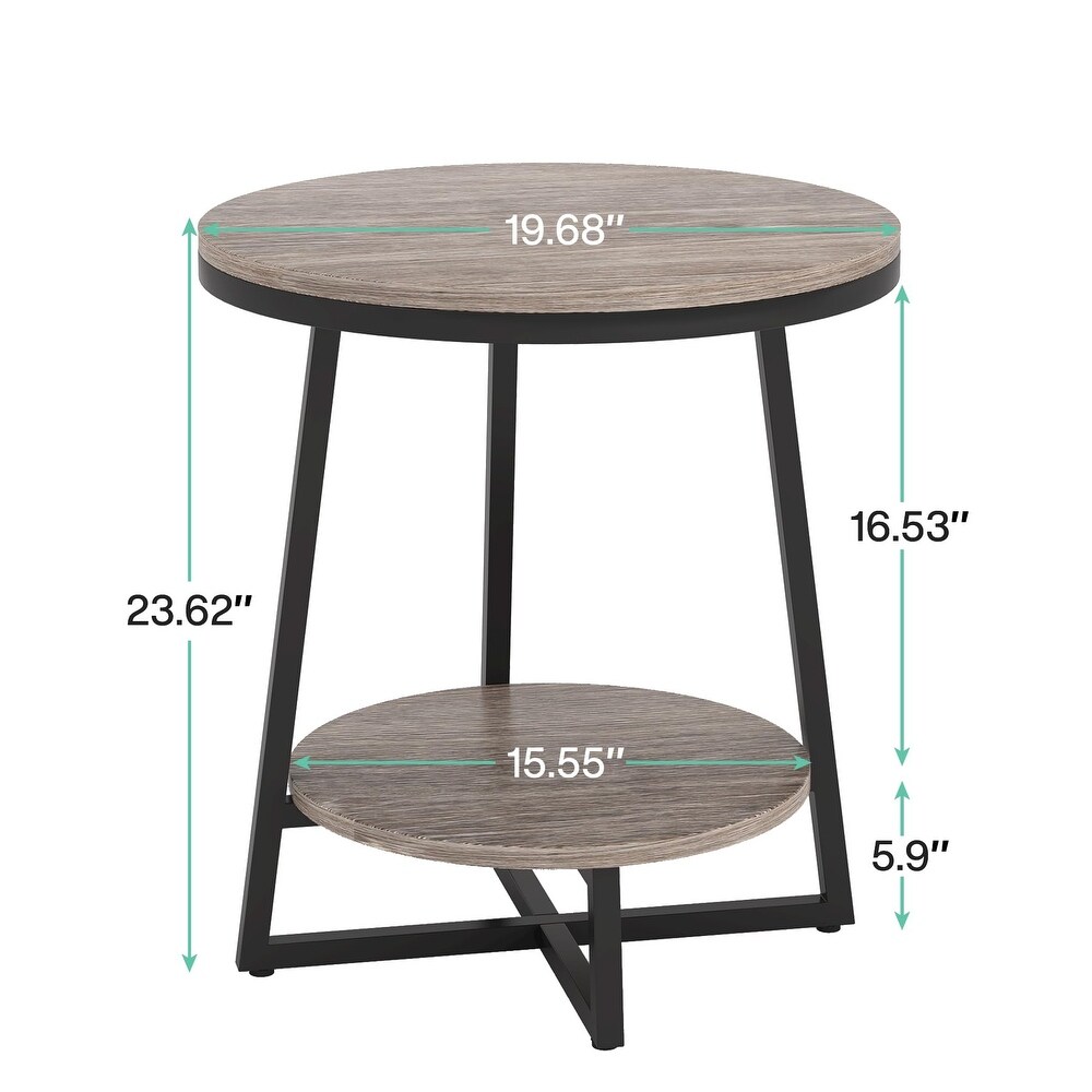 2 Tier Industrial Round Side End Table with Storage Living Room