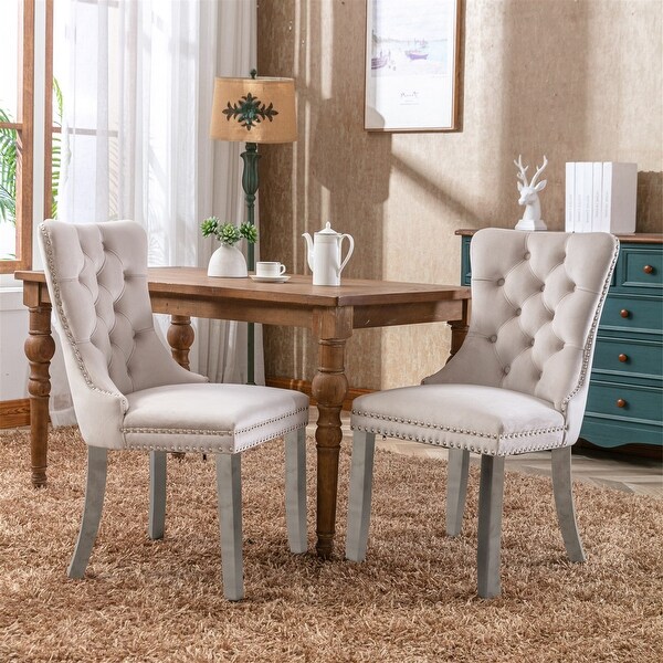 Beige Tufted Solid Wood Velvet Upholstered Dining Chair Set of 2