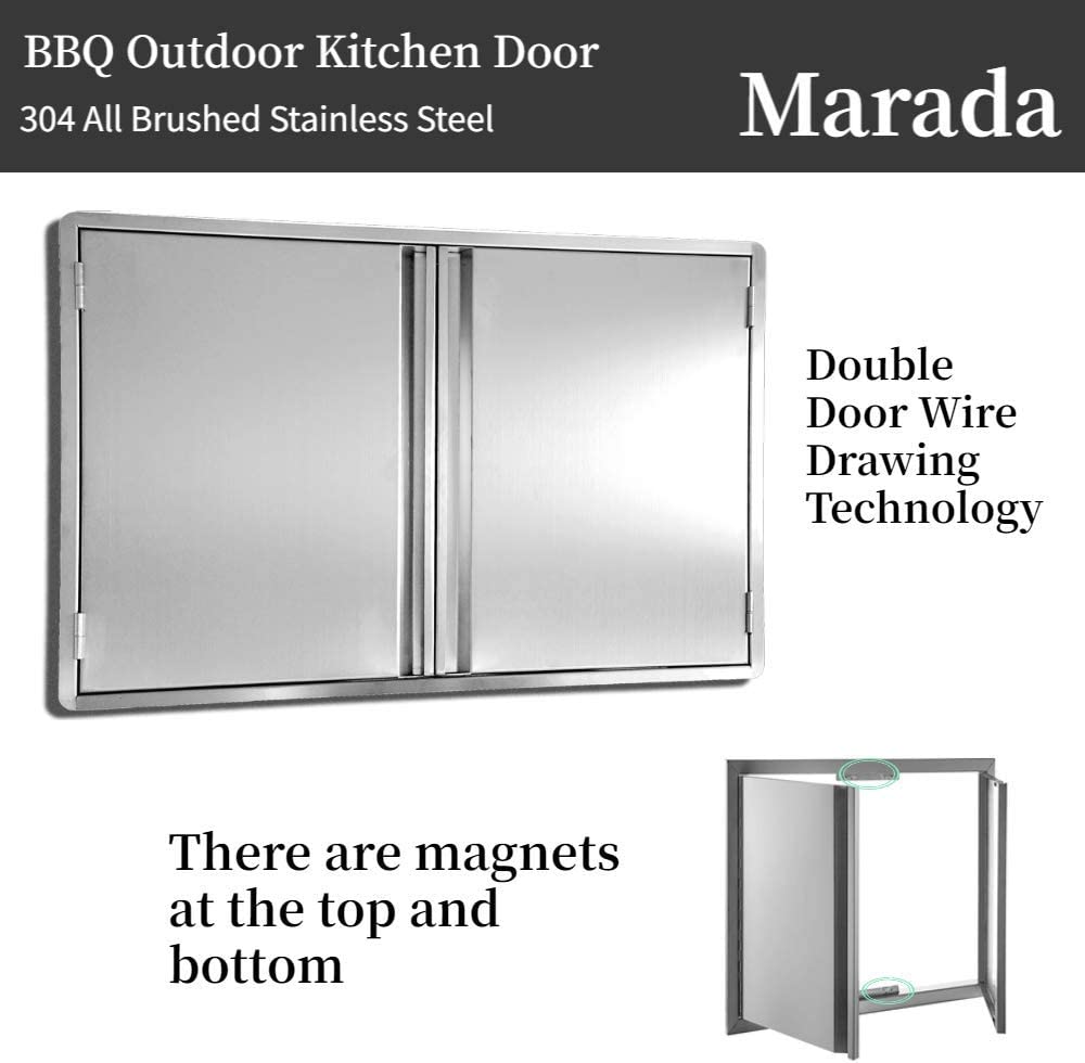 Marada 29.5" W x 22" H Double Door Kitchen Outdoor 304 All Brushed Stainless Steel Flush Mount Double Wall Door for BBQ Island & Gril