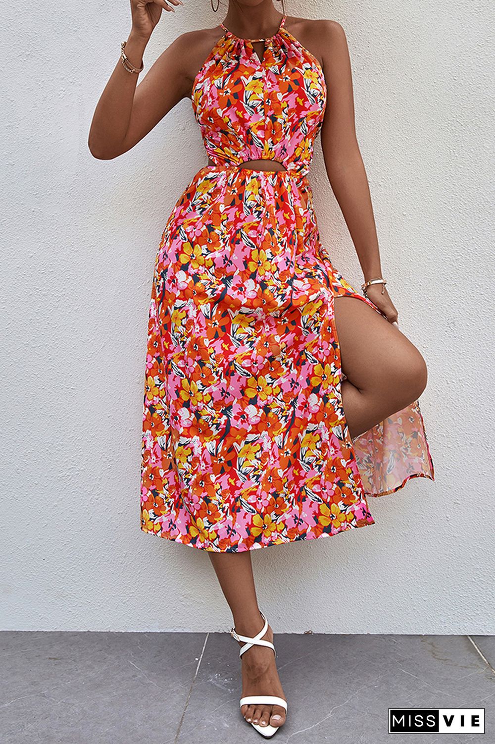 Halter Neck Hollow Out Floral Dress Wholesale