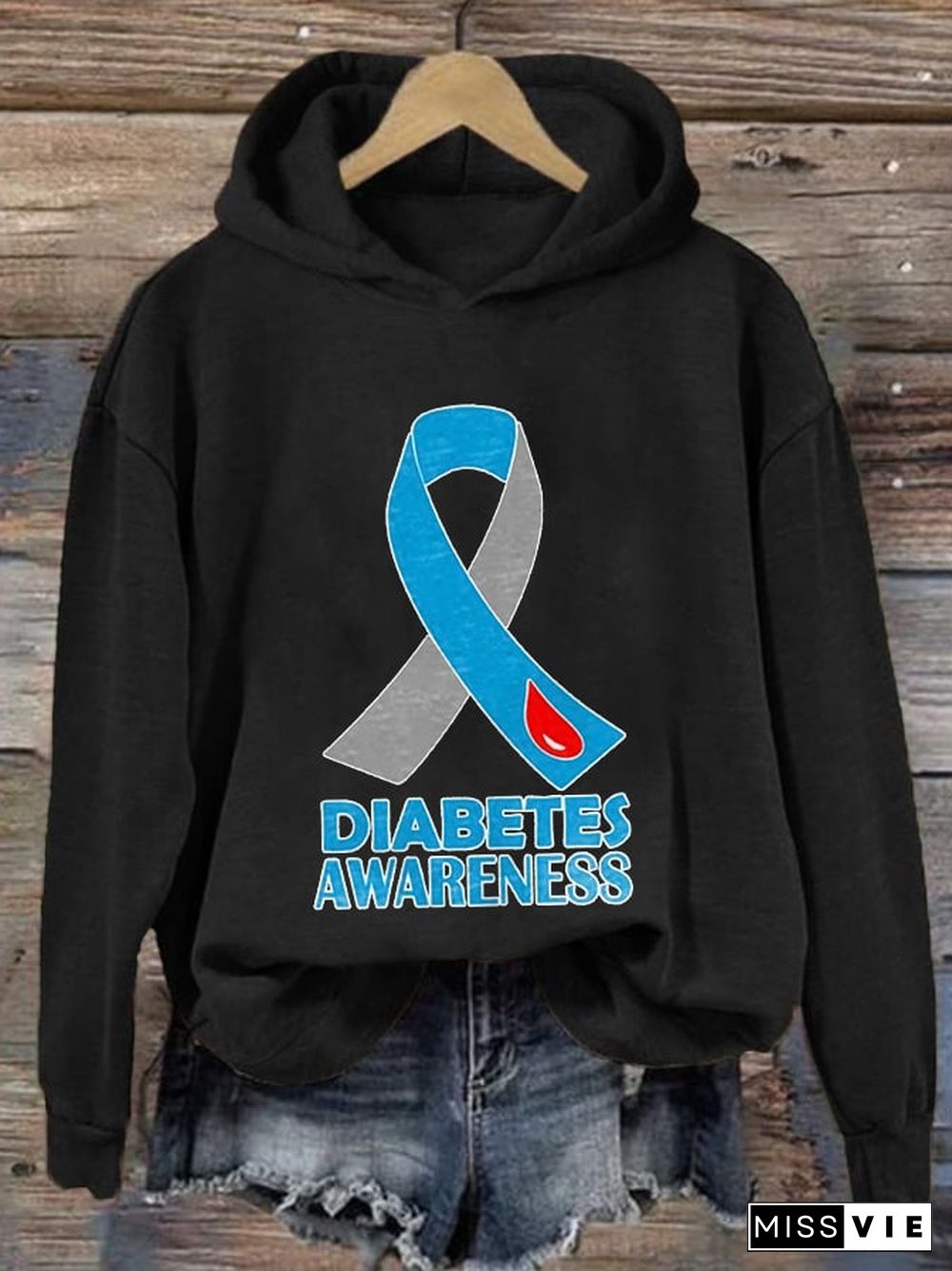 Women's Casual Diabetes Awareness Print Hoodie Long Sleeve Sweatshirt