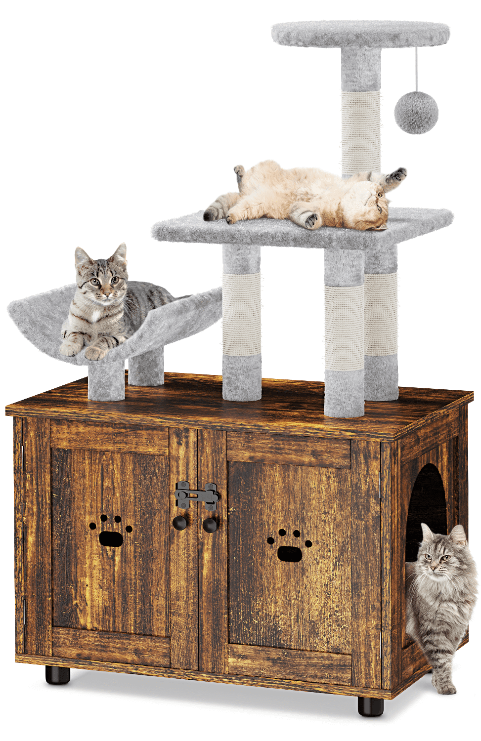 Lulive Cat Tree with Cat Litter Box Enclosure, All-in-one Cat House with Platform Scratching Post Condo, Brown