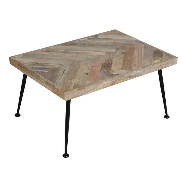 36-Inch Rectangular Mango Wood Coffee Table， Herringbone Design， Iron Legs