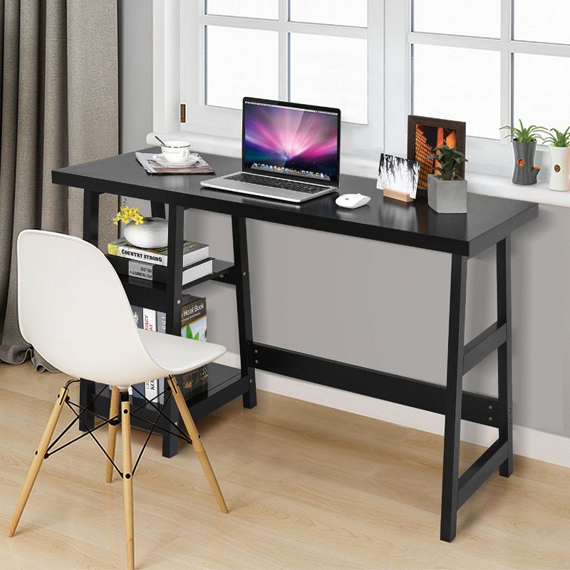 Wooden Trestle Computer Desk With 2-tier Removable Shelves