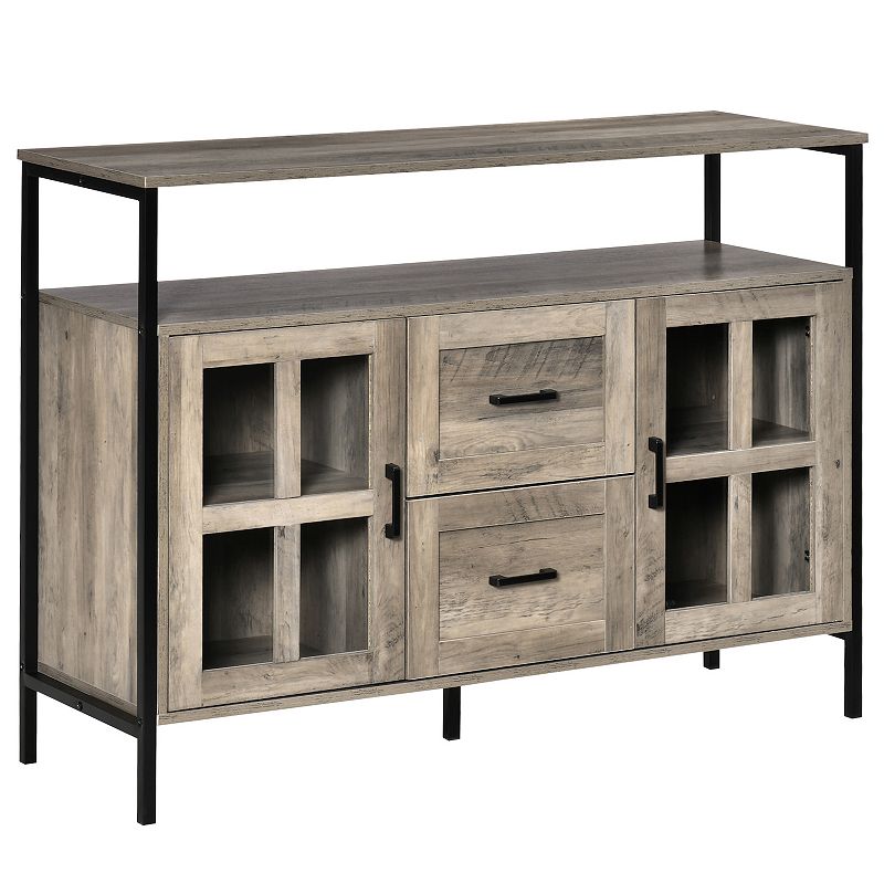 HOMCOM Rustic Kitchen Sideboard Serving Buffet Storage Cabinet with Adjustable Shelves Glass Doors and 2 Drawers for Living Room Grey