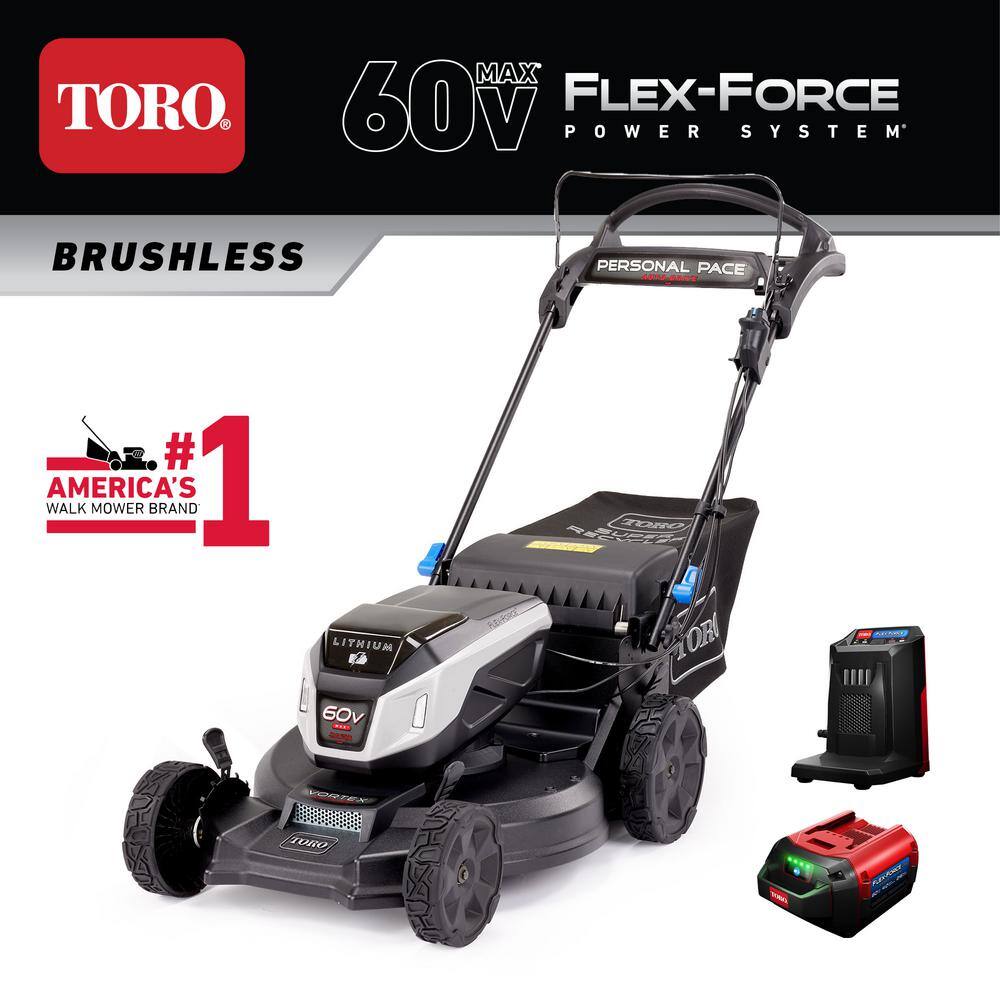 Toro 21 in. Super Recycler 60-Volt Personal Pace SmartStow Cordless Walk Behind Mower wHeadlights and 7.5 Ah BatteryCharger 21568