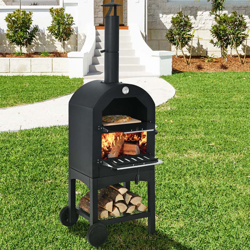 2 Layer Steel Outdoor Pizza Oven Wood Fire Pizza Grill Maker with Wheels, Pizza Stone & Peel, Waterproof Cover