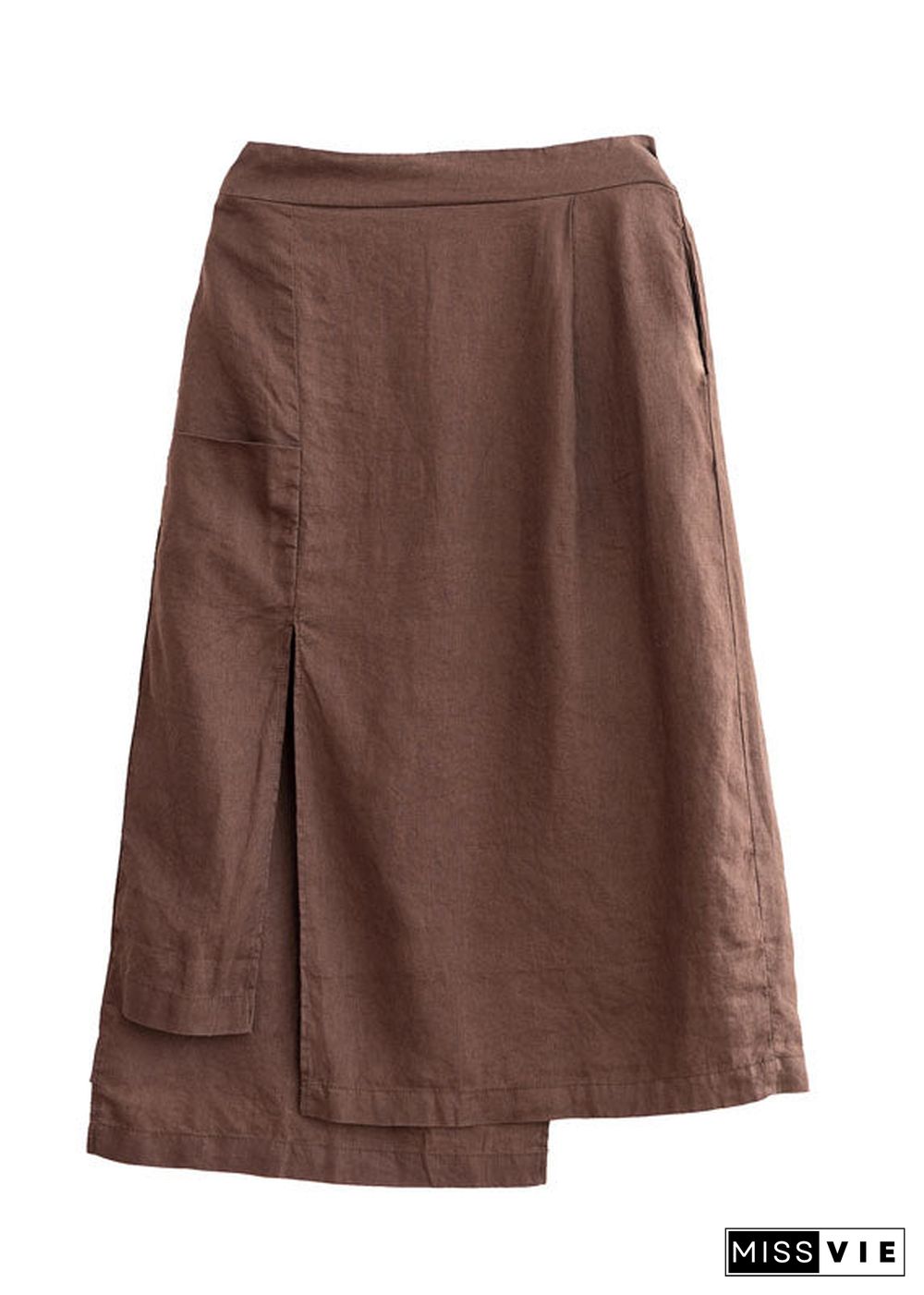 Plus Size Chocolate Asymmetrical Pockets Linen Skirts Spring