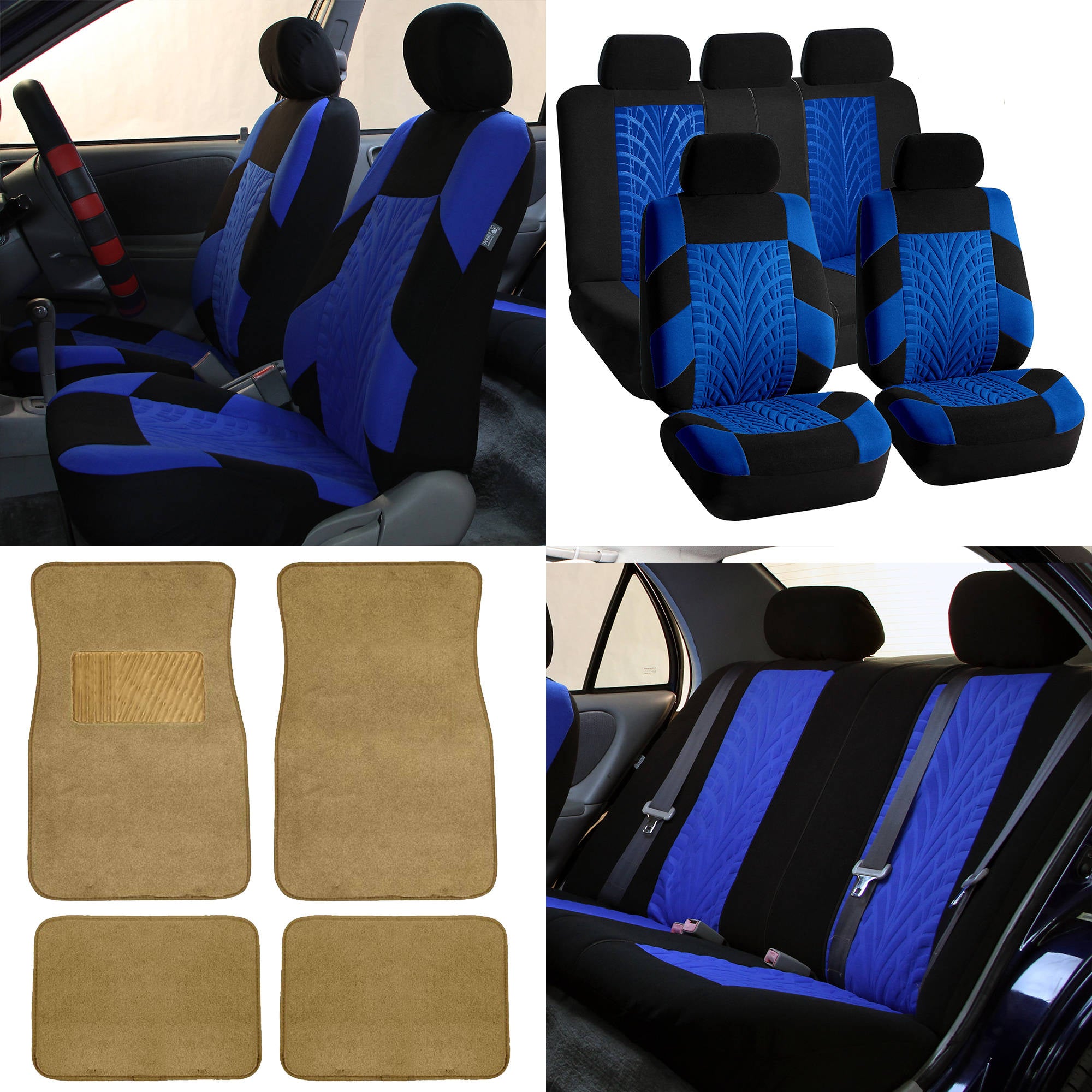 FH Group FH Travel Master Car Seat Covers for Auto Complete Seat Covers Set with Beige Premium Carpet Floor Mats Blue Black