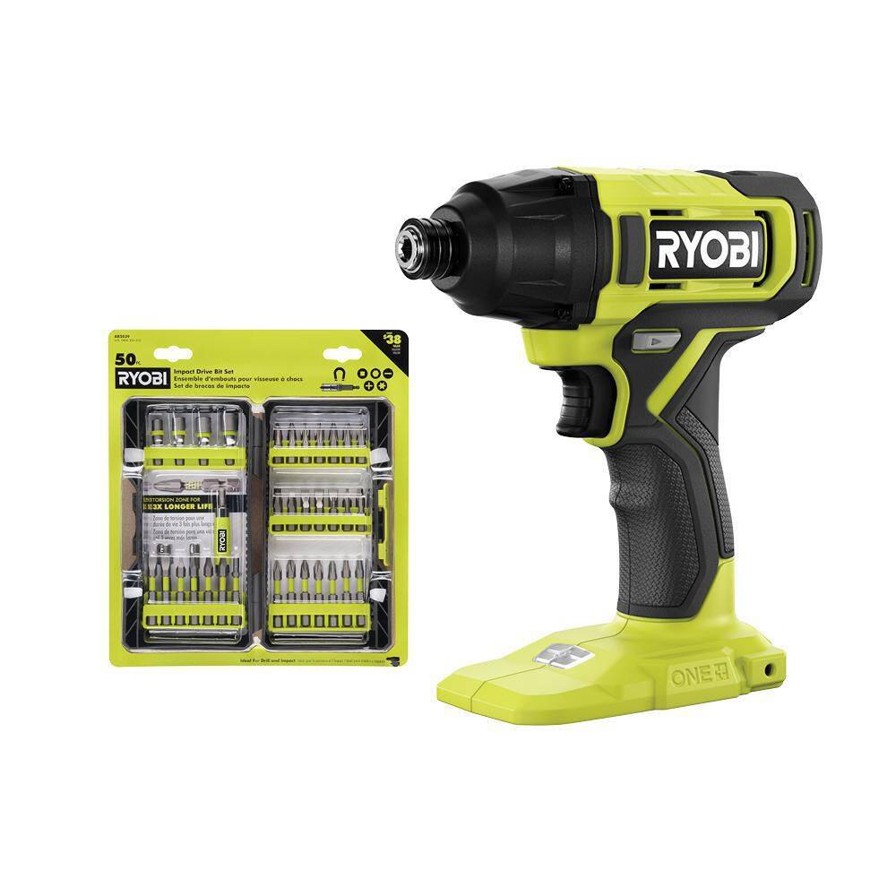 RYOBI ONE+ 18V Cordless 14 in. Impact Driver (Tool Only) with 50-Piece Impact Driving Set PCL235B-AR2039