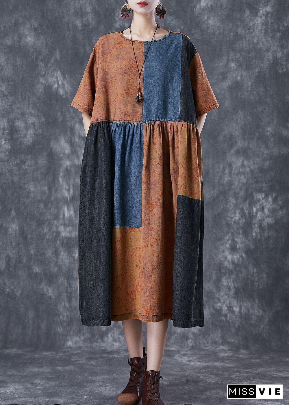 Vintage Colorblock Oversized Denim Patchwork Cotton Dress Summer