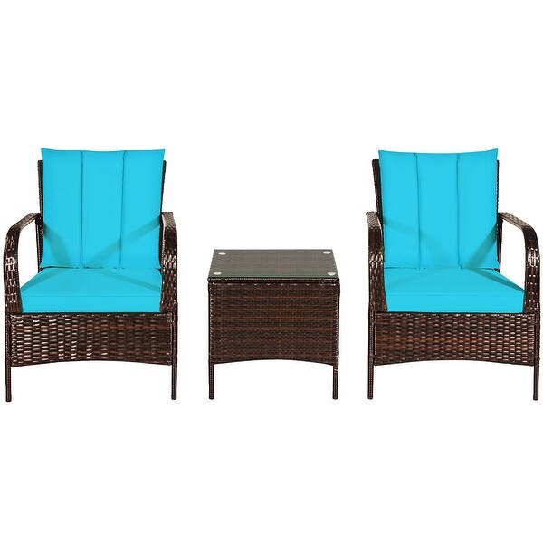 Costway 3 PCS Patio Wicker Rattan Furniture Set Coffee Table and 2