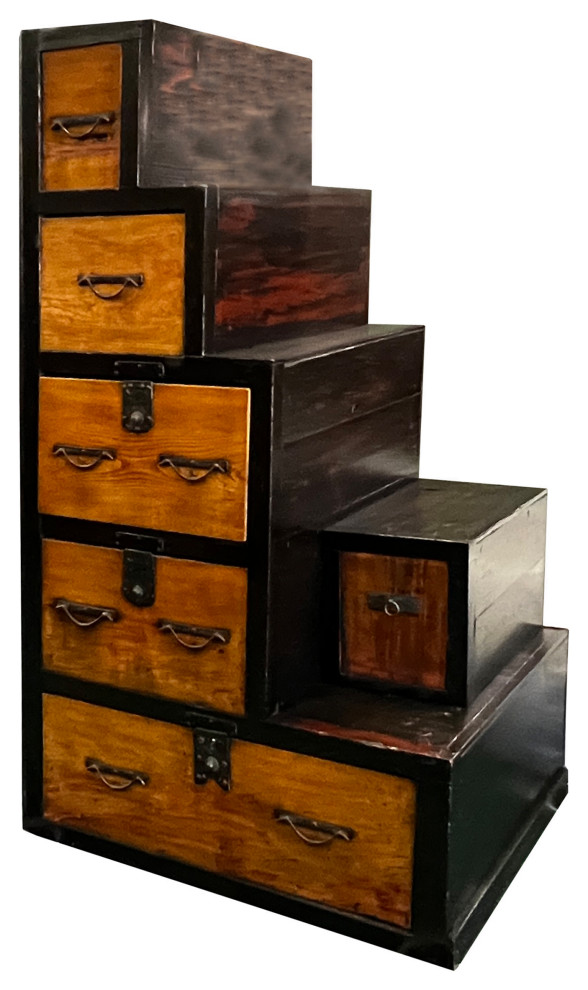 Vintage Restored Distressed Brown Black Narrow Tansu Step Cabinet Hcs7553   Traditional   Accent Chests And Cabinets   by Golden Lotus Antiques  Houzz