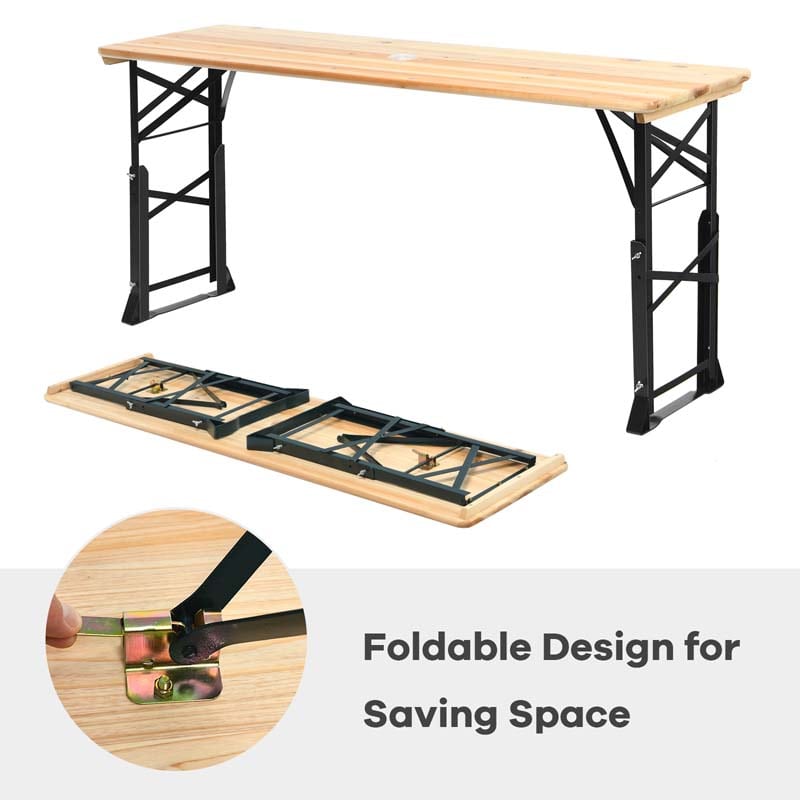 66.5'' Wood Folding Picnic Table with Umbrella Hole, Height Adjustable Outdoor Dining Table for Camping Party