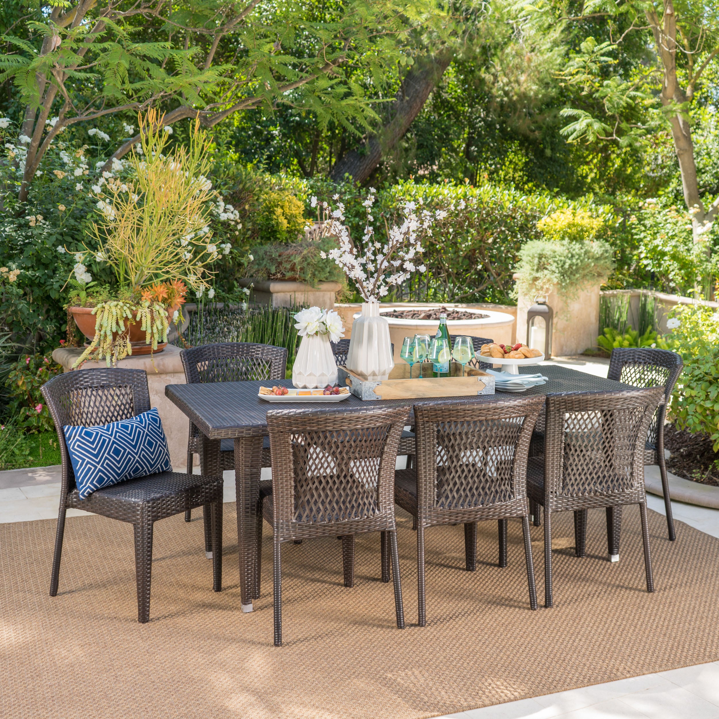 Beach Lane Outdoor 9 Piece Multi-brown Wicker Dining Set