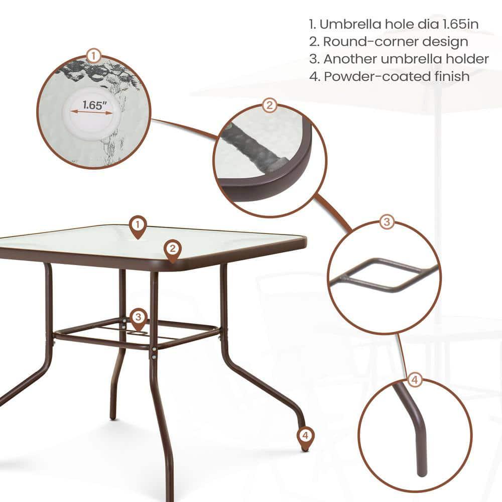 Pellebant 335 in Square Metal Outdoor Dining Table with Umbrella Hole and Tempered Glass Tabletop