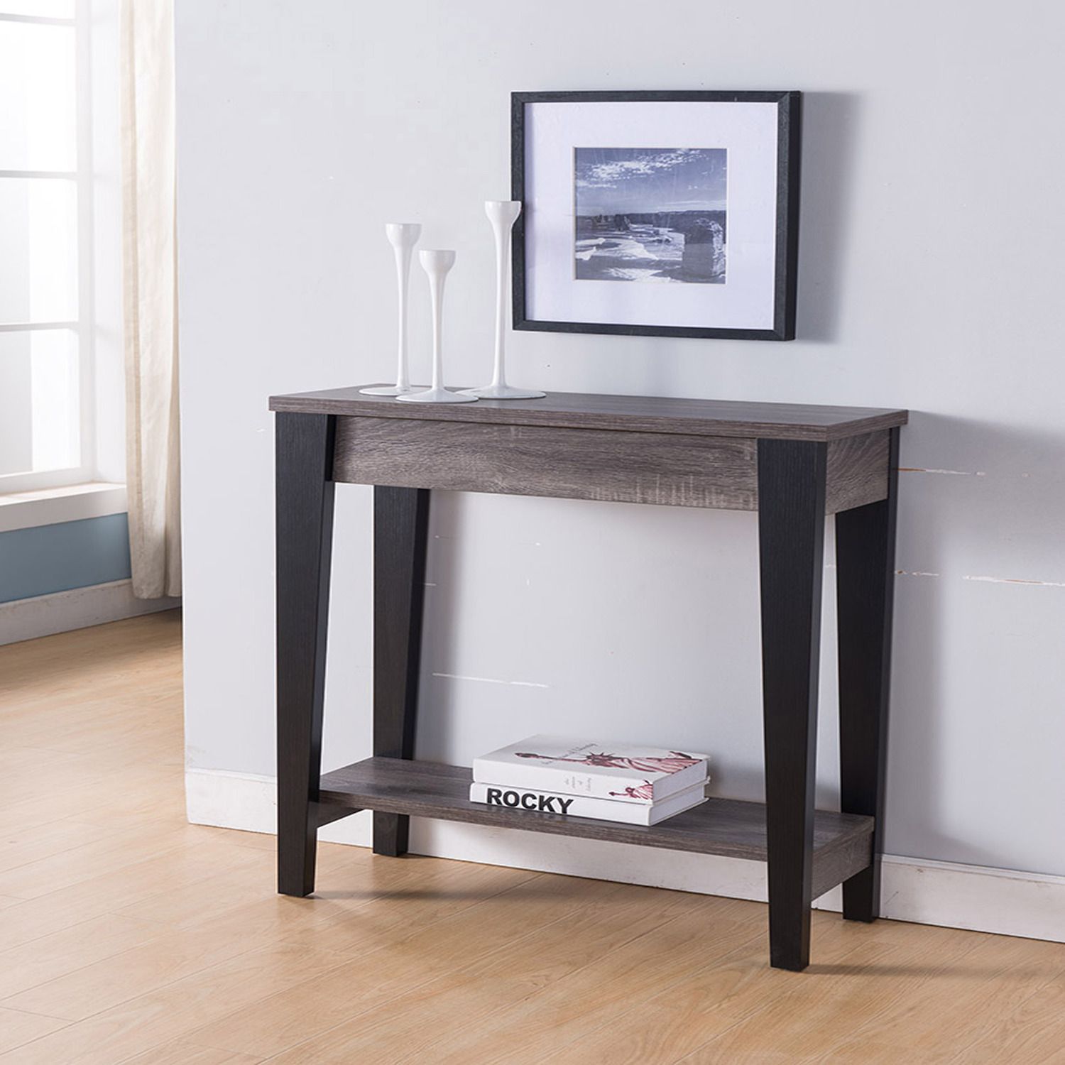 FC Design Distressed Grey and Black Console Table with Drawer and Bottom Shelf E