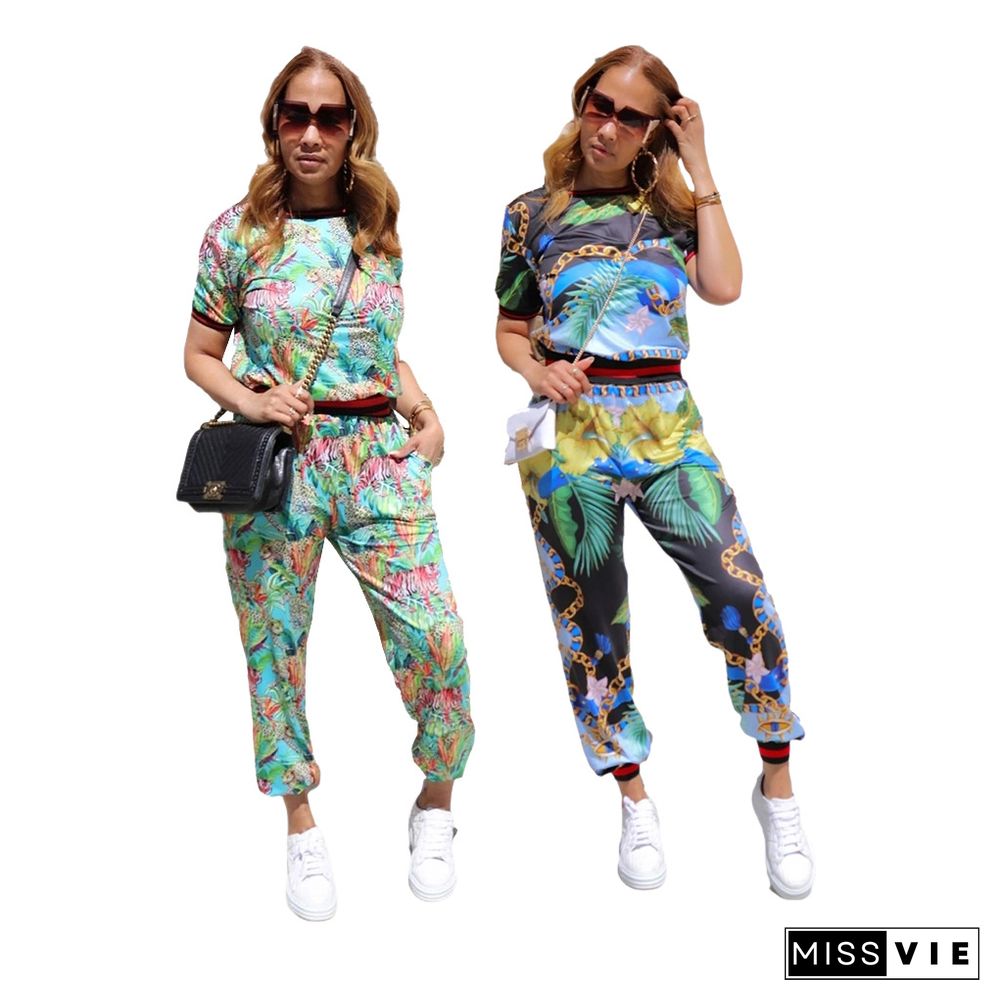 High Quality Fashion Women Print O Neck Short Sleeve T Shirt Tops Long Pants Two Piece Tracksuit Sets