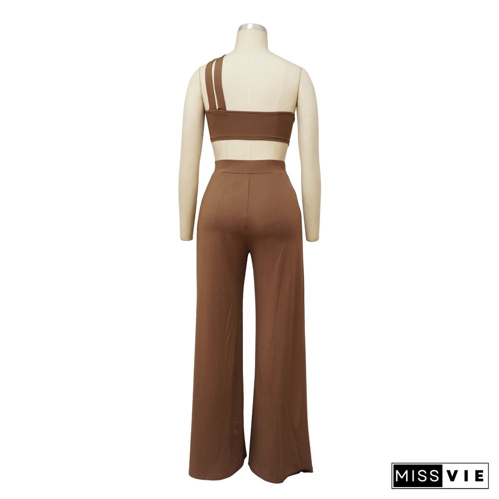 Skew Collar Crop Top Wide Leg Pants Two Piece Set