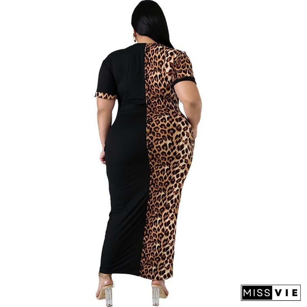 European and American Women's Fashion Casual Leopard Print Color Matching Dress Black Dresses