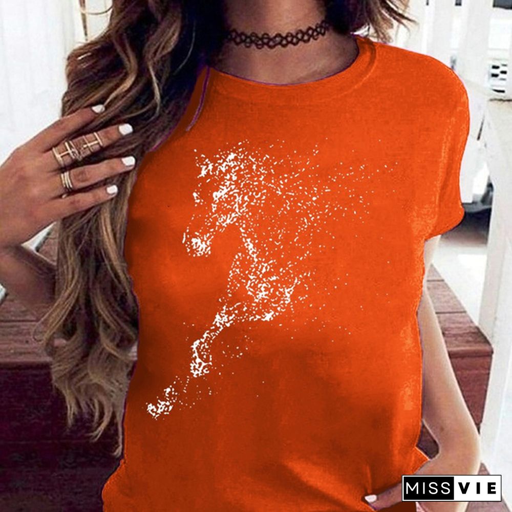 Cute Horse Print T Shirts for Women Summer Short Sleeved Tees Top Women's Round Neck Graphic Tshirts Casual Wear; Loose Fit Tees Woman Blouse Vestidos Mujer