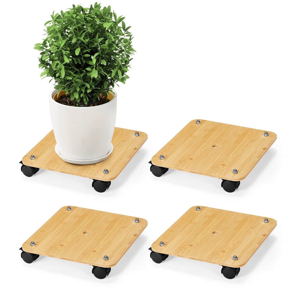 Plant Caddy Rolling Bamboo Plant Stand with Wheels