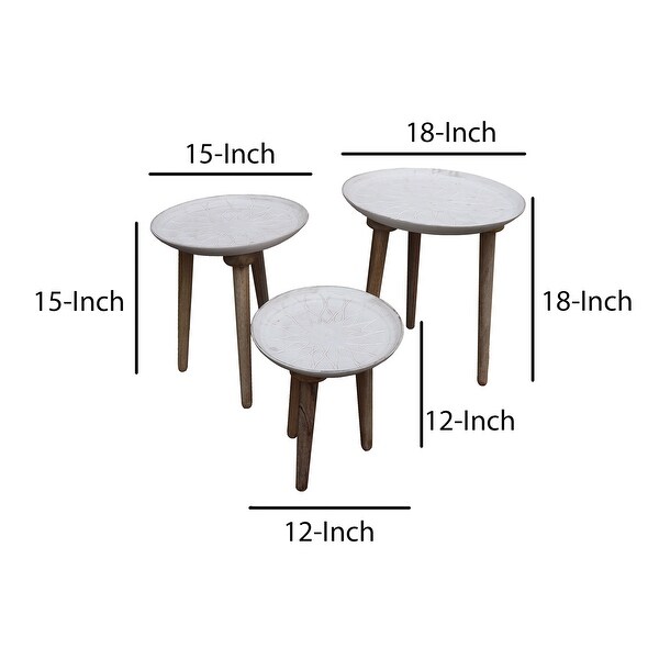 Mango Wood Bowl Top Side End Coffee Table with Angled Tripod Base， Set of 3， White and Brown