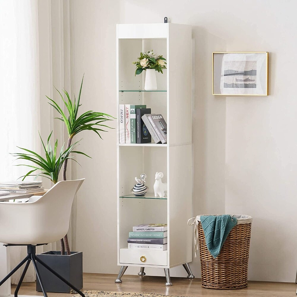 Ivinta Tall Bookshelf for Small Spaces  Narrow Bookcase with Adjustable Glass Display Shelf