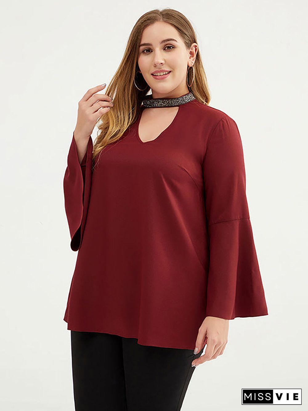 Plus Size Women 3/4 Flare Sleeve Solid Color T-shirt