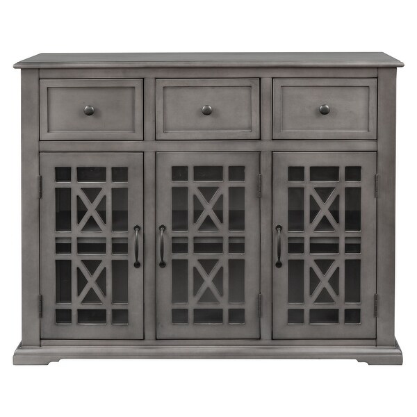 Wood Storage Cabinet with 3 Glass Doors， 3 Drawers and Interior Shelf Large Storage Space， Entryway Kitchen Dining Room