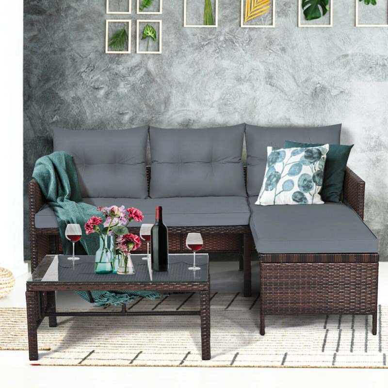 3 Pcs Rattan Patio Furniture Set Outdoor Conversation Sofa Set with Loveseat Chair & Coffee Table