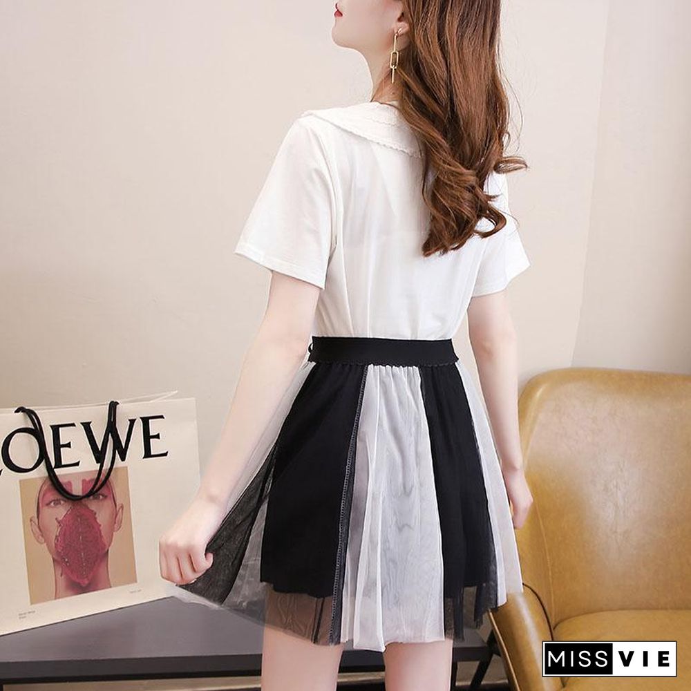 Sweet Lapel Tee+Mesh Skirt P15793