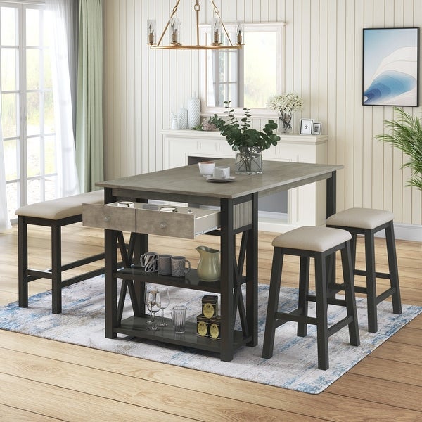 4-Piece Dining Table and Chair Set Counter Height with Storage Rack and Drawer with 2 Stools and Benches for Kitchen