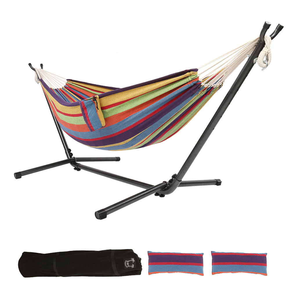 ONCLOUD 9 FT Heavy Duty Steel Stand with Double Hammock w/ Carrying Case,Pillows,Cup Holders for Outdoor or Indoor,Rainbow Stripe