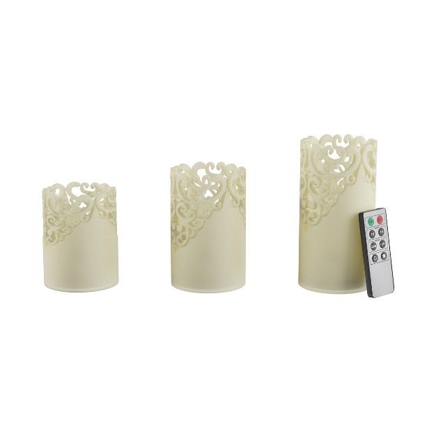 Remote Control Led Candles Set Of 3 Battery operated Realistic Flameless Pillars With Lace Details And Vanilla scented Wax By Lavish Home