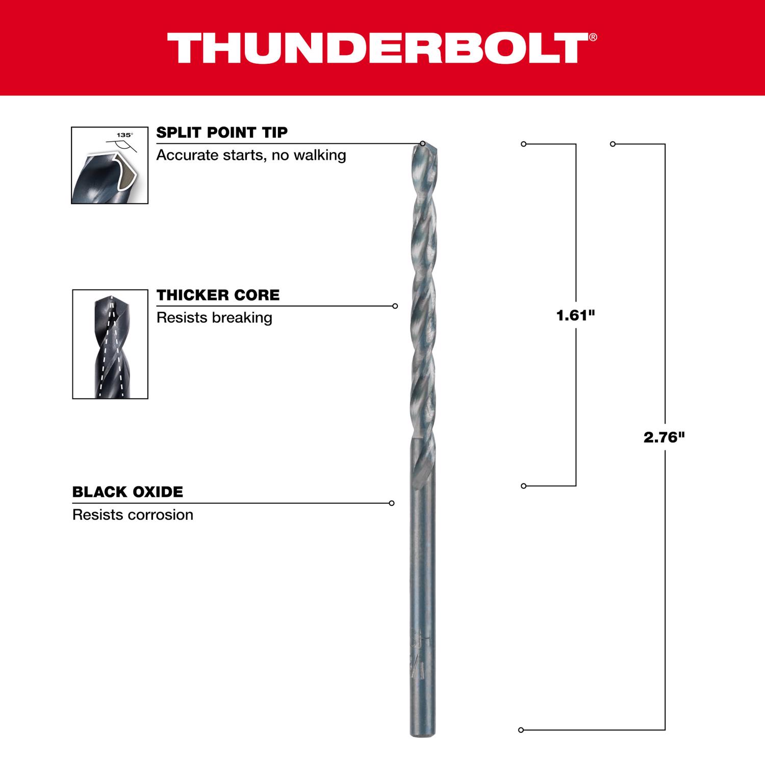 MW Thunderbolt 1/8 in. X 2-3/4 in. L Black Oxide Drill Bit 2 pk