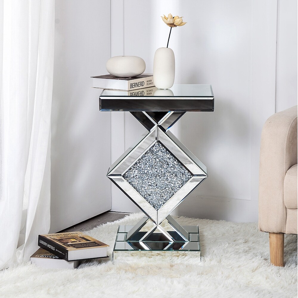 Rectangular Mirrored Glass End Table Modern Silver Accent Table