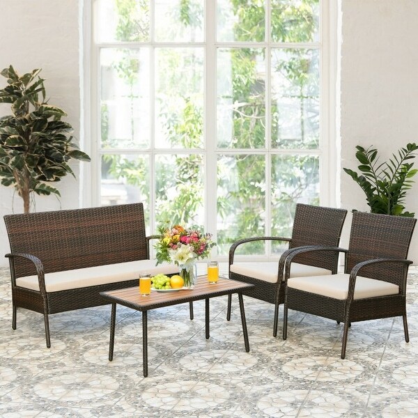 4Pcs Patio Rattan Outdoor Conversation Set with Cushions