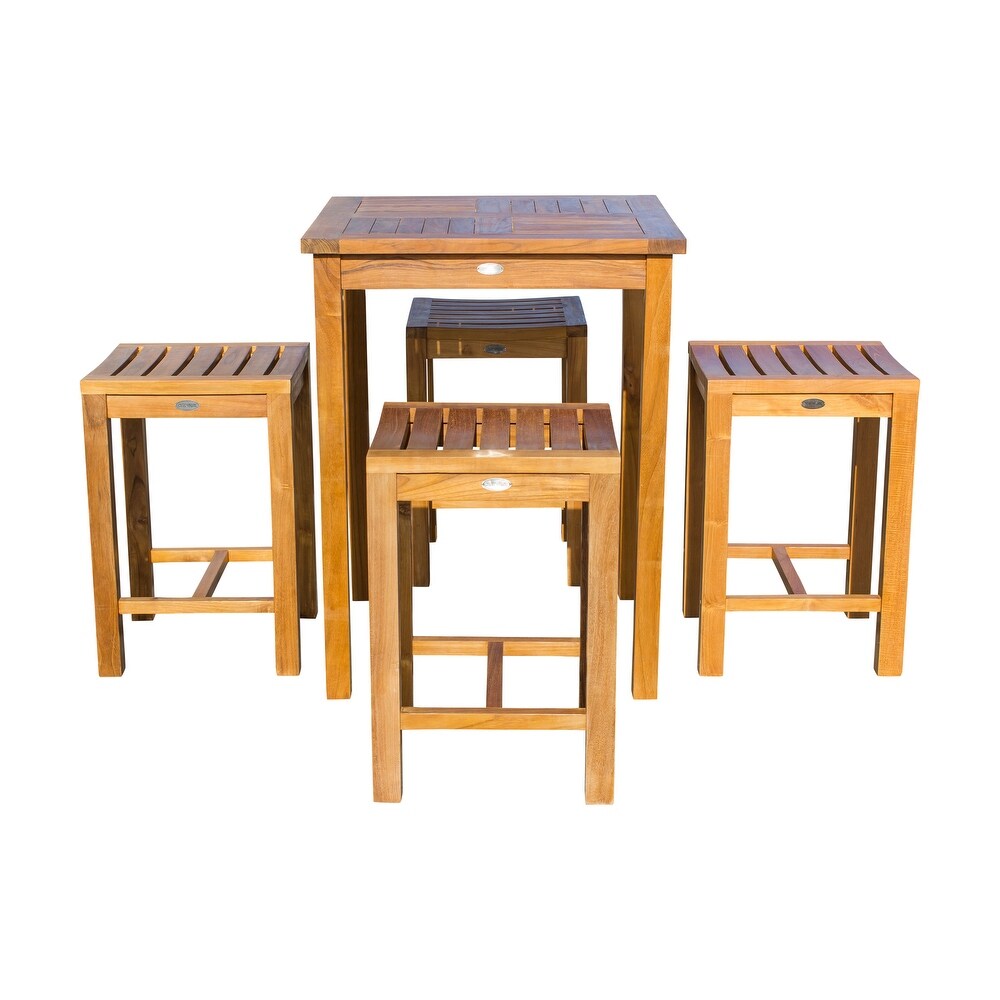 Chic Teak 5 Piece Teak Wood Seville Small Counter Height Patio Bistro Dining Set  4 Counters Stools and 27\