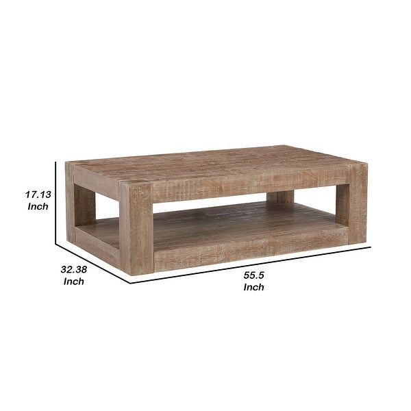 Lee 56 Inch Rectangular Coffee Table， 1 Shelf， Rustic Distressed Brown