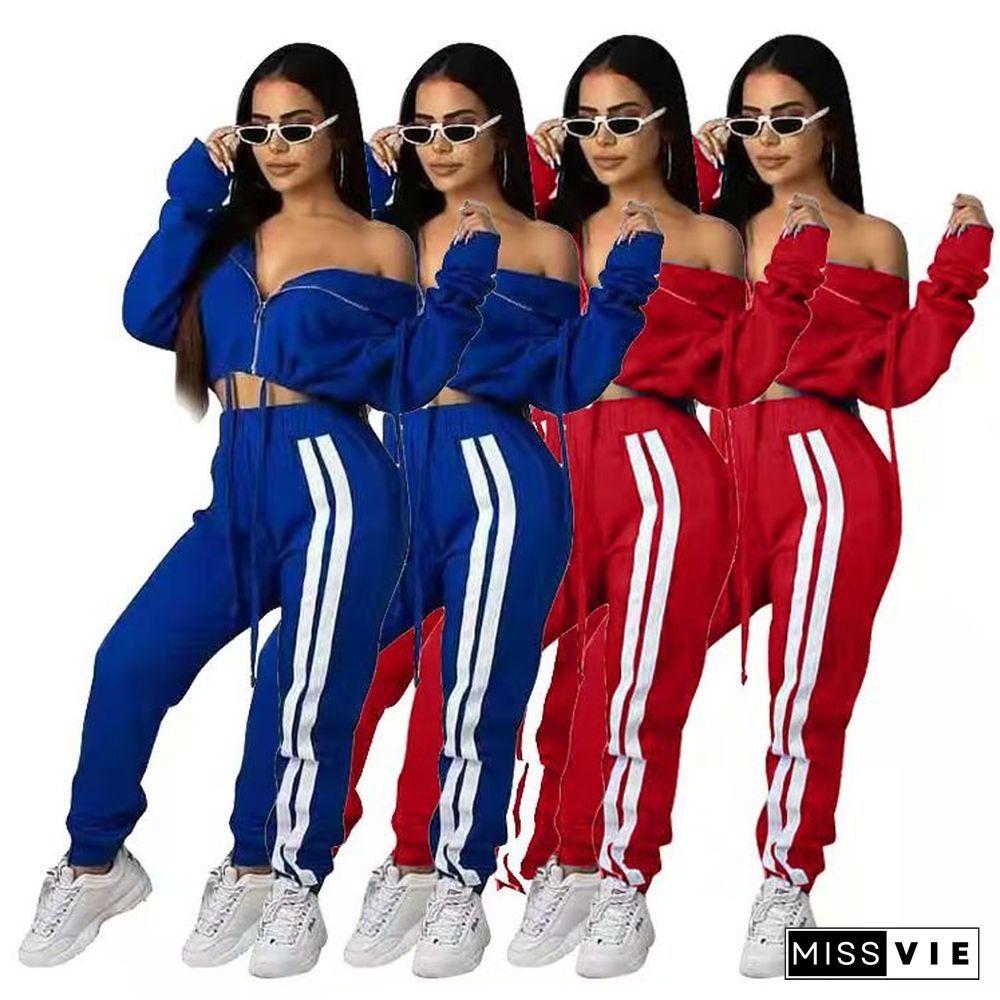 Solid Color Long Sleeve Zipper Hooded Crop Top Sweatpants Suit