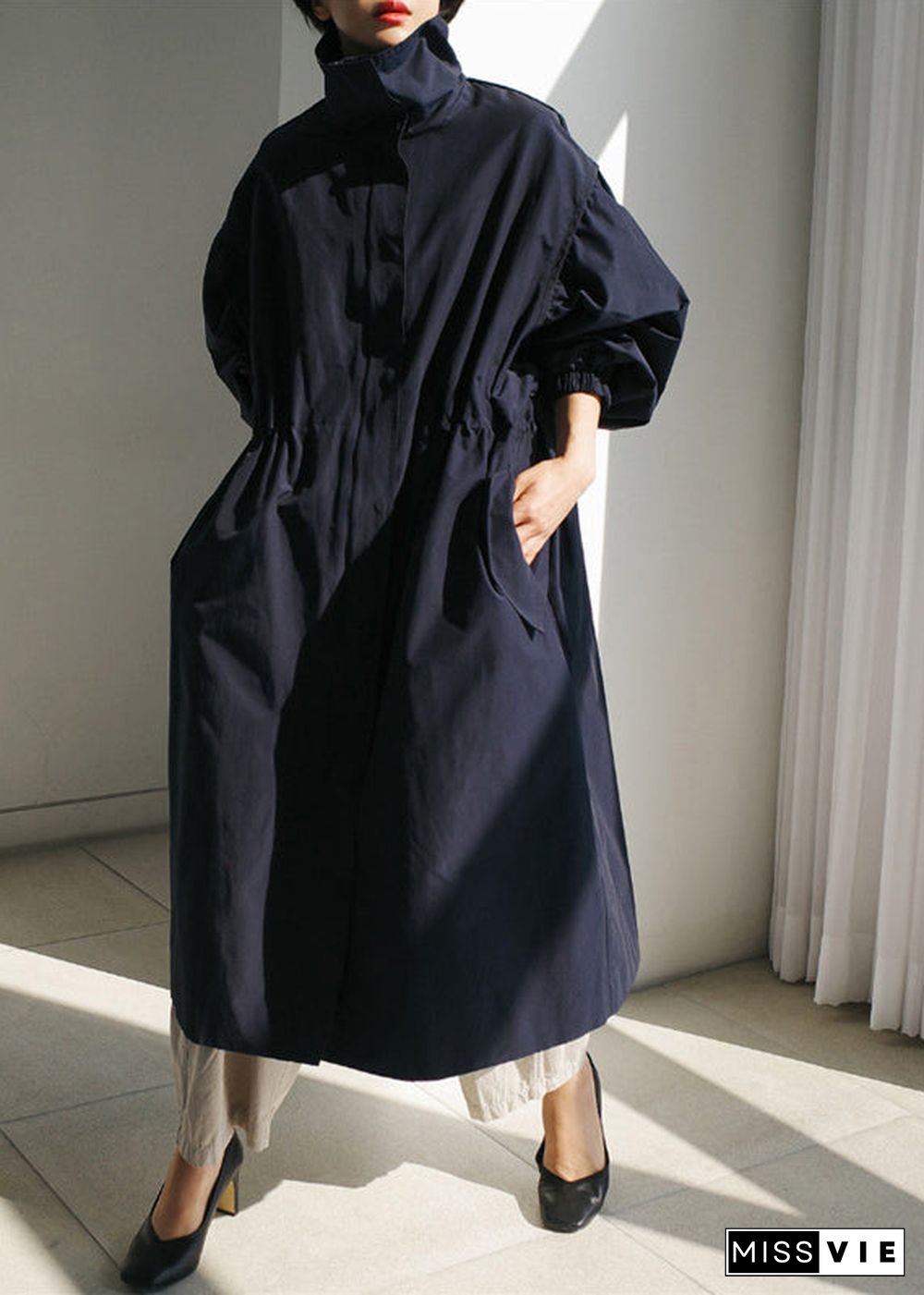 Navy Stand Collar Zippered Trench Coats Long Sleeve