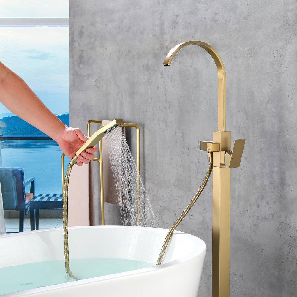 Miscool Upo 1-Handle Freestanding Floor Mount Roman Tub Faucet Bathtub Filler with Hand Shower in Brushed Gold SHNKHD10E861GL