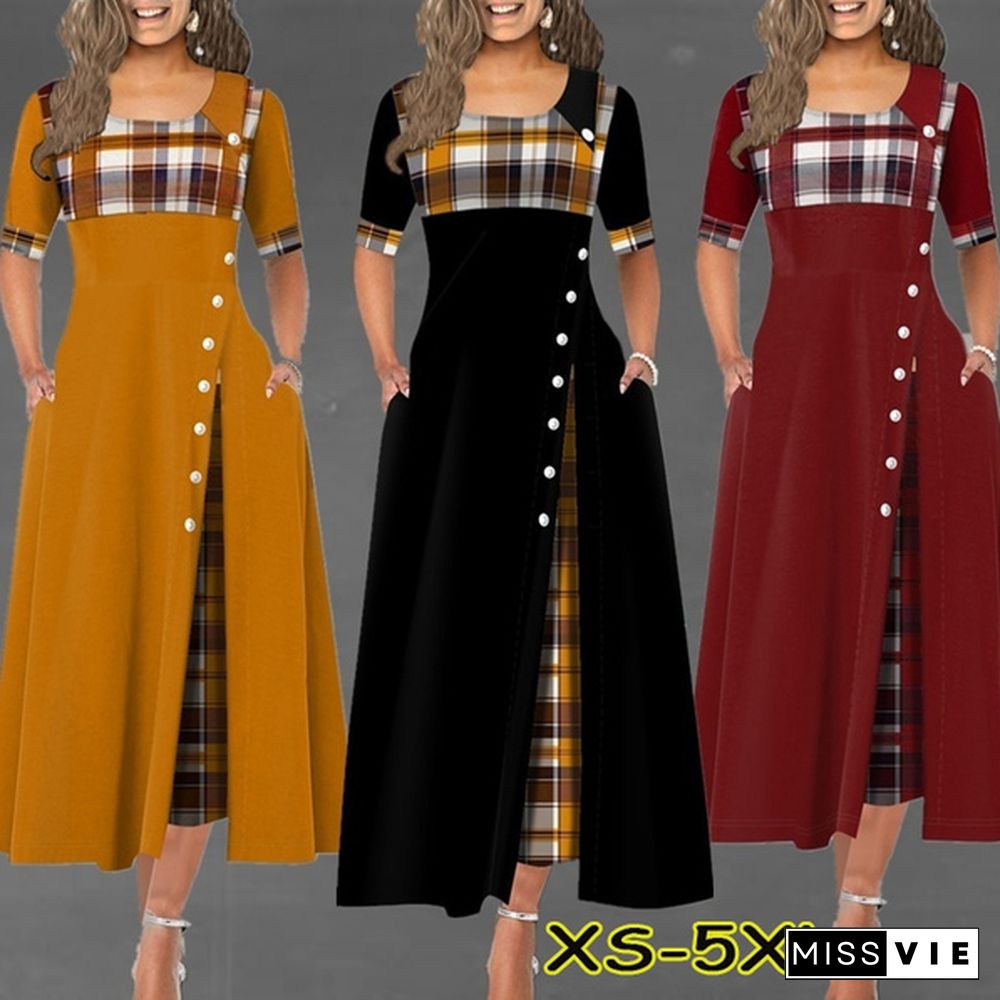 New Women Short Sleeve Plaid Print Elegant Dress Comfy Round Neck High Waist Long Skirt Retro Button Design Maxi Dress Daily Casual Dress Plus Size