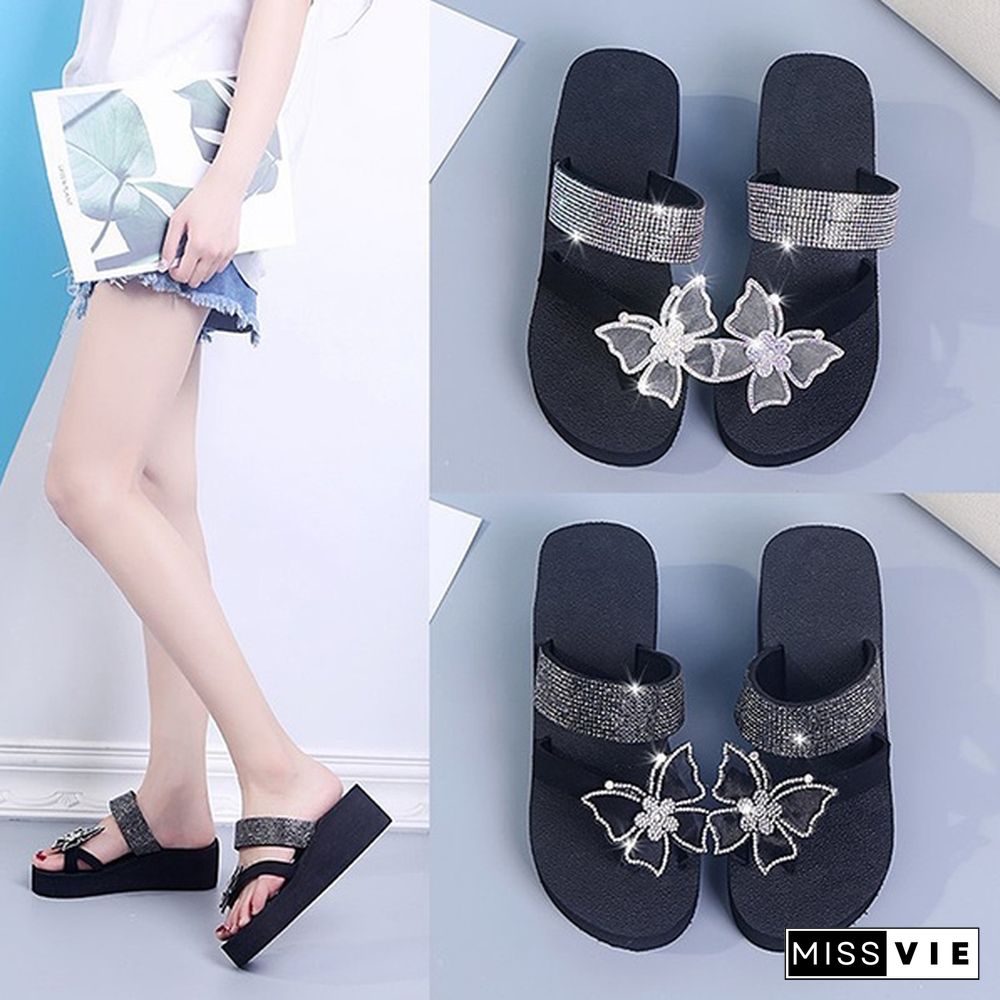 Summer Women Fashion Platform Slippers Rhinestone Diamond Casual Sandals Beach Flat Flip Flops Bling Bling Slippers Beach Sandals Plus Size 35-43