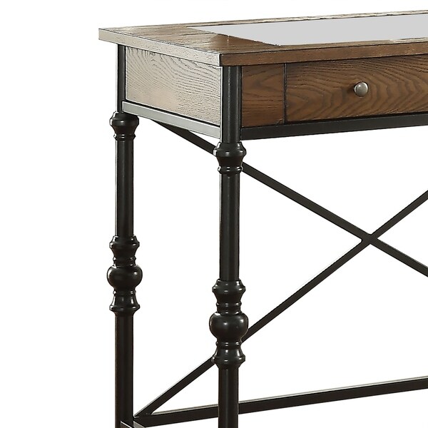 Wood and Metal Counter Height Table with One Large Drawer， Walnut and Black