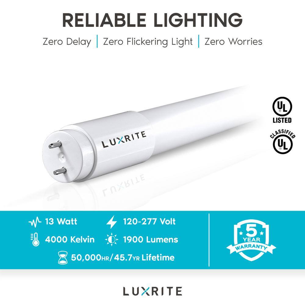 LUXRITE 13-Watt 4 ft. Linear T8 LED Tube Light Bulb Ballast and Ballast Bypass Compatible 4000K Cool White Damp Rated (12-Pack) LR34192-12PK