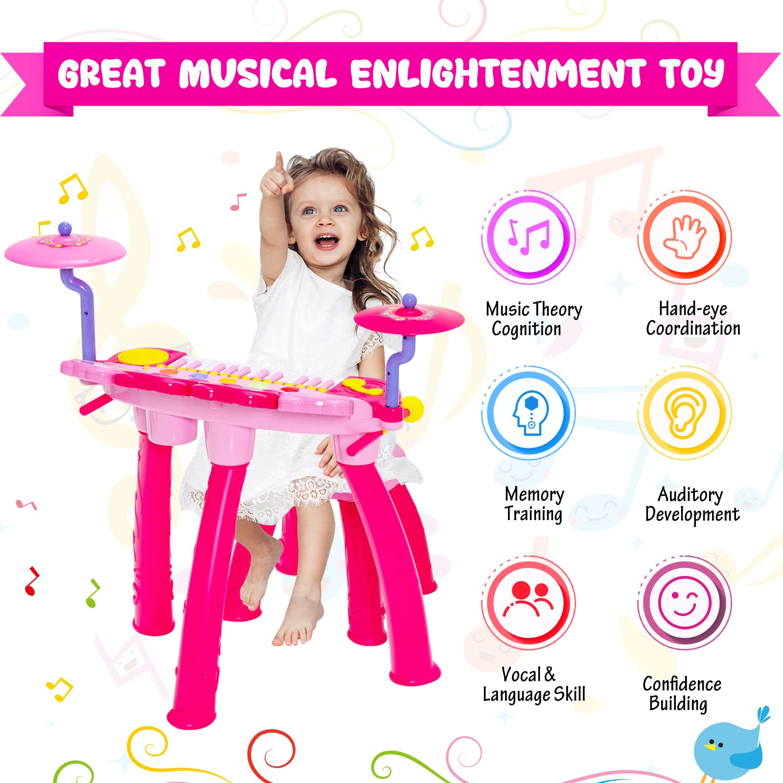 Costzon 24-Key Piano Keyboard DJ Drum Combination, Kids Drum & Electric Keyboard Set with Stool, Microphone