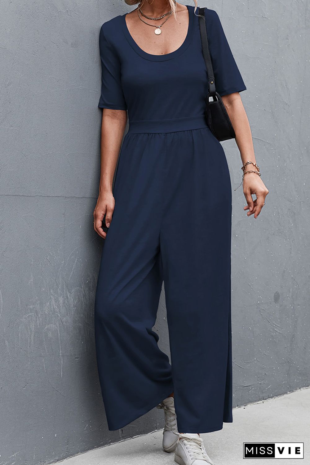 Solid Color Short Sleeve Wide Leg Jumpsuit Wholesale