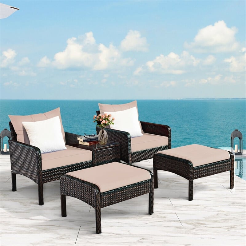 5 Pcs Rattan Patio Conversation Sets with Ottomans & Coffee Table, Wicker Outdoor Bistro Set